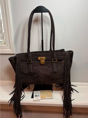 MICHAEL Michael Kors Dark Brown Suede Fringe Tote with Gold Hardware